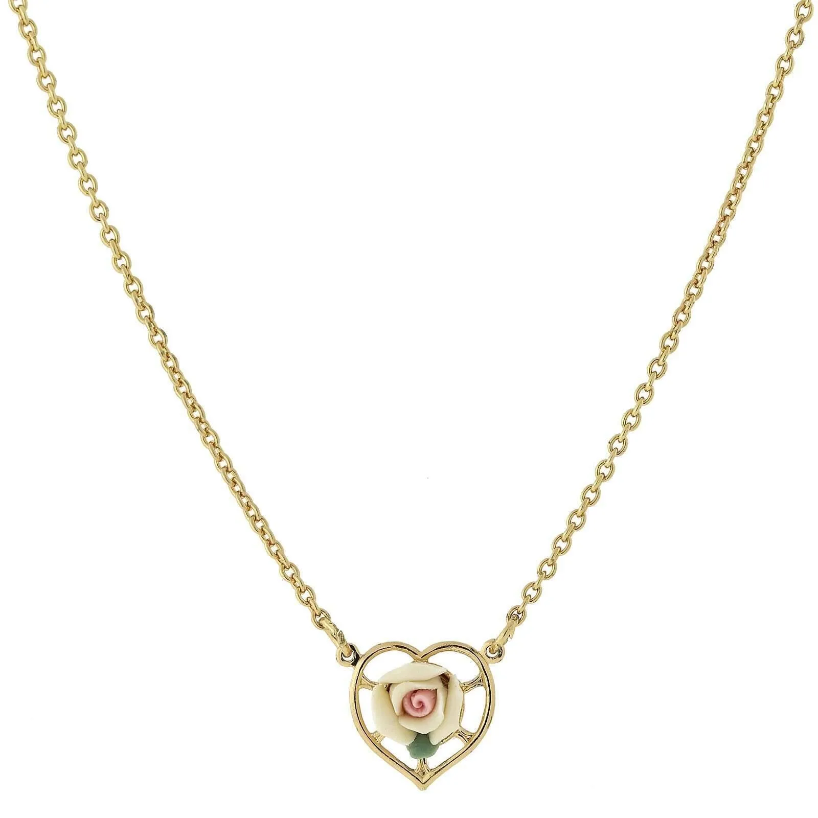 1928 Jewelry Porcelain Rose Heart Pendant Necklace 16"   3" Extender