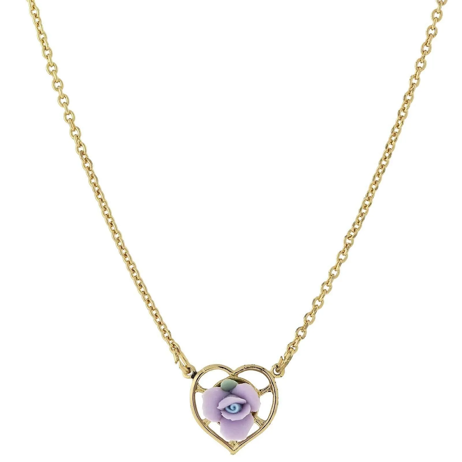 1928 Jewelry Porcelain Rose Heart Pendant Necklace 16"   3" Extender
