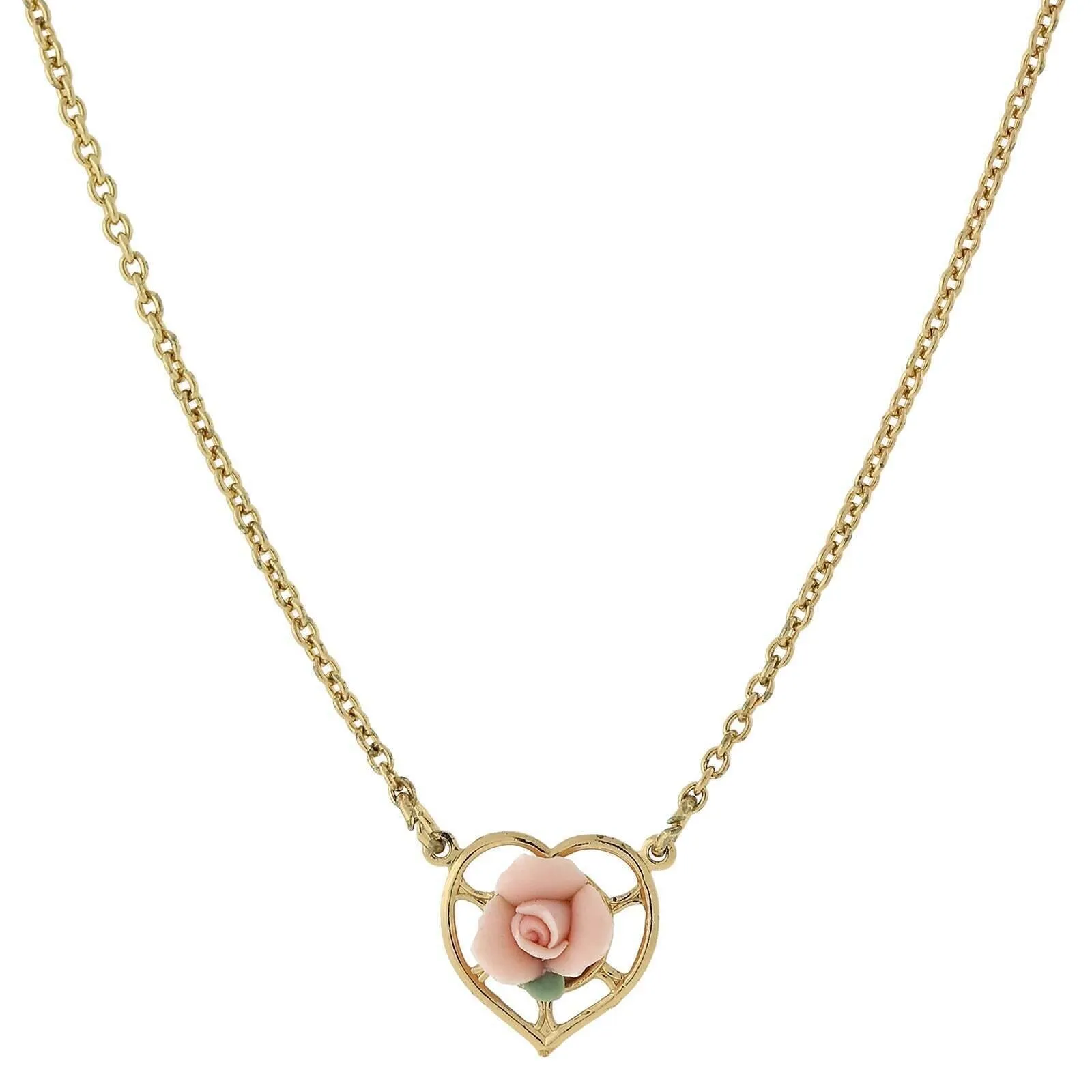 1928 Jewelry Porcelain Rose Heart Pendant Necklace 16"   3" Extender