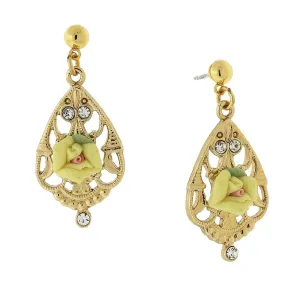 1928 Jewelry Porcelain Rose With Crystal Accent Filigree Drop Earrings