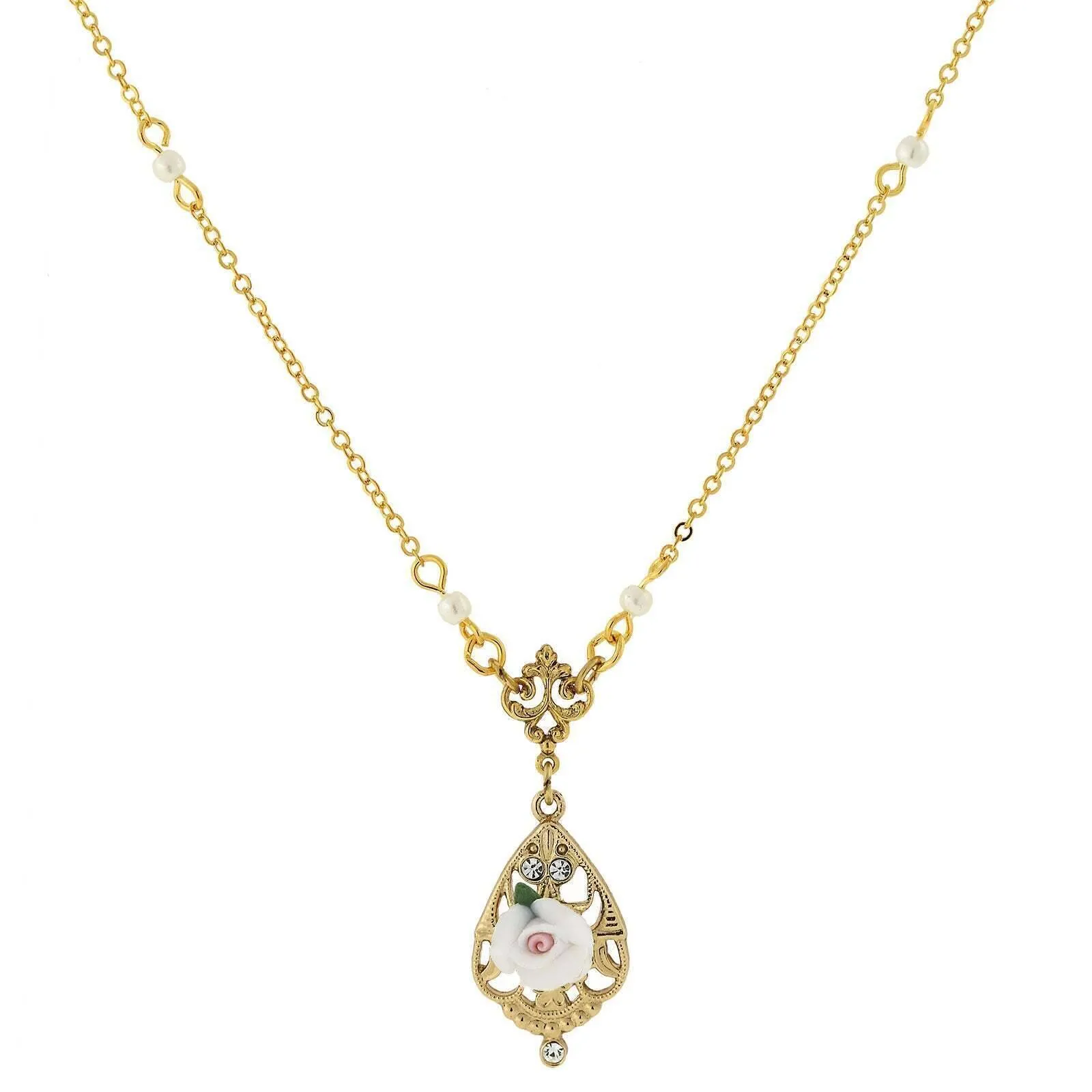 1928 Jewelry Porcelain Rose With Crystal Accent Pendant Necklace 17"