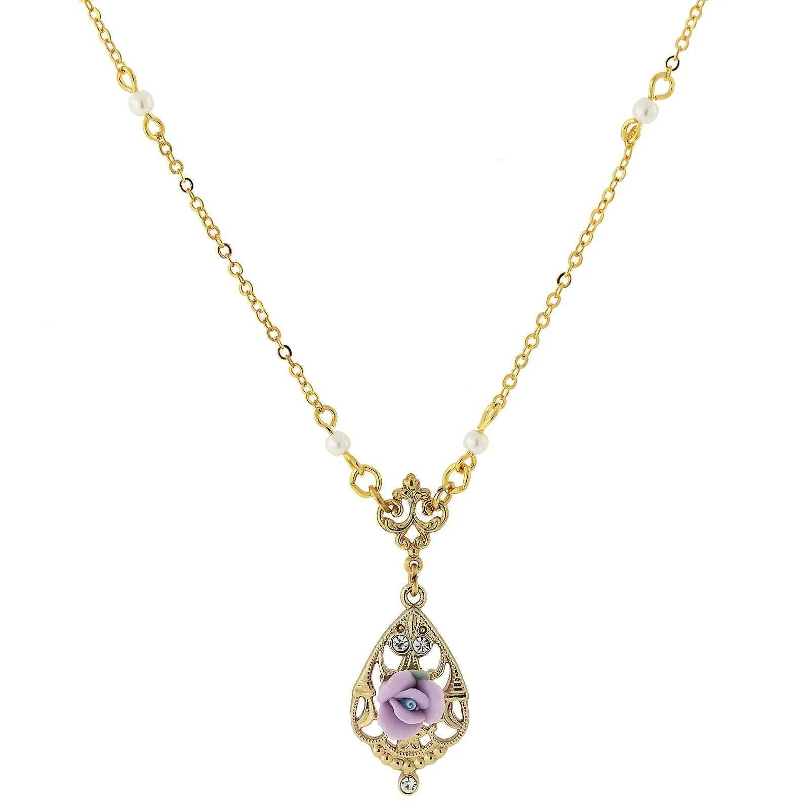 1928 Jewelry Porcelain Rose With Crystal Accent Pendant Necklace 17"