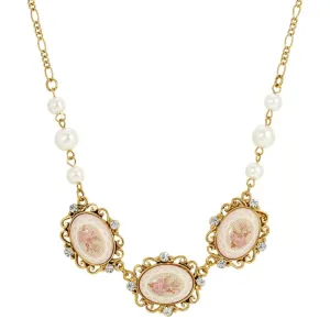 1928 Jewelry Stitch Pattern Triple Pink Porcelain Rose Faux Pearl Collar Necklace 16"   3" Extender