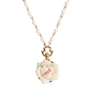 1928 Jewelry White Garden Porcelain Rose Faux Pearl Necklace 16"   3" Extender
