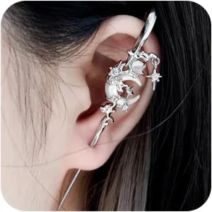 1Pcs Myth Ear Hook Needle Piercing Earring Creative Moon Star Earring Fashion Ear Wrap Climber Stud Gothic Punk Halloween Moon Star Jewelry Gift for Women