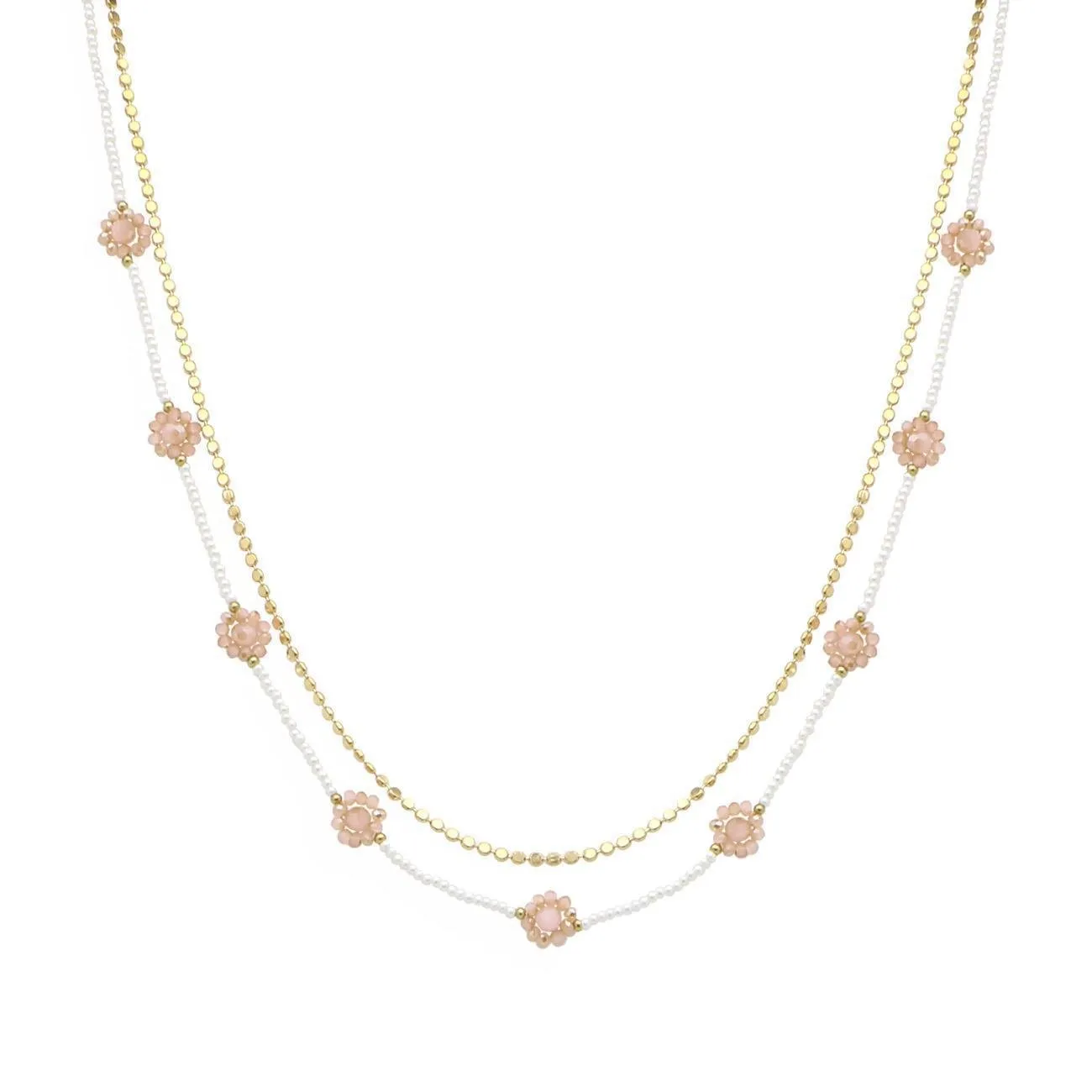 2 Row Glass Flower Necklace - Pink