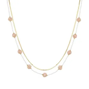 2 Row Glass Flower Necklace - Pink