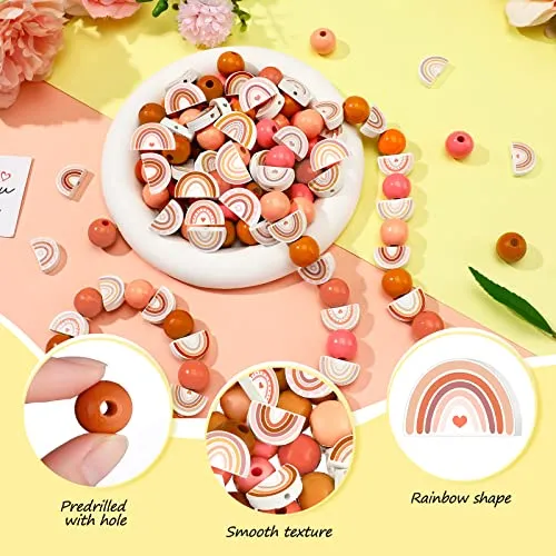 200 Pcs Wooden Beads Rainbow Print Wooden Beads Rustic Farmhouse Wood Beads Natural Handmade Round Bead Polished Spacer Bead for DIY Necklace Bracelet Earrings Keychain Crafts Jewelry Making