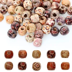 200pcs Mixed Painted Barrel Wood Spacer Beads, BetterJonny 17x16mm Round Printed Pattern Drum Wood Loose Beads for DIY Making Bracelet Necklace Jewelry Hair Craft Project