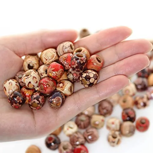 200pcs Mixed Painted Barrel Wood Spacer Beads, BetterJonny 17x16mm Round Printed Pattern Drum Wood Loose Beads for DIY Making Bracelet Necklace Jewelry Hair Craft Project