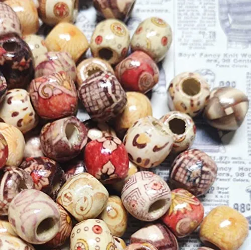 200pcs Mixed Painted Barrel Wood Spacer Beads, BetterJonny 17x16mm Round Printed Pattern Drum Wood Loose Beads for DIY Making Bracelet Necklace Jewelry Hair Craft Project