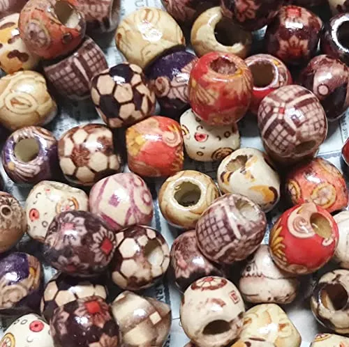 200pcs Mixed Painted Barrel Wood Spacer Beads, BetterJonny 17x16mm Round Printed Pattern Drum Wood Loose Beads for DIY Making Bracelet Necklace Jewelry Hair Craft Project
