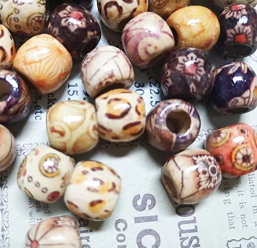 200pcs Mixed Painted Barrel Wood Spacer Beads, BetterJonny 17x16mm Round Printed Pattern Drum Wood Loose Beads for DIY Making Bracelet Necklace Jewelry Hair Craft Project