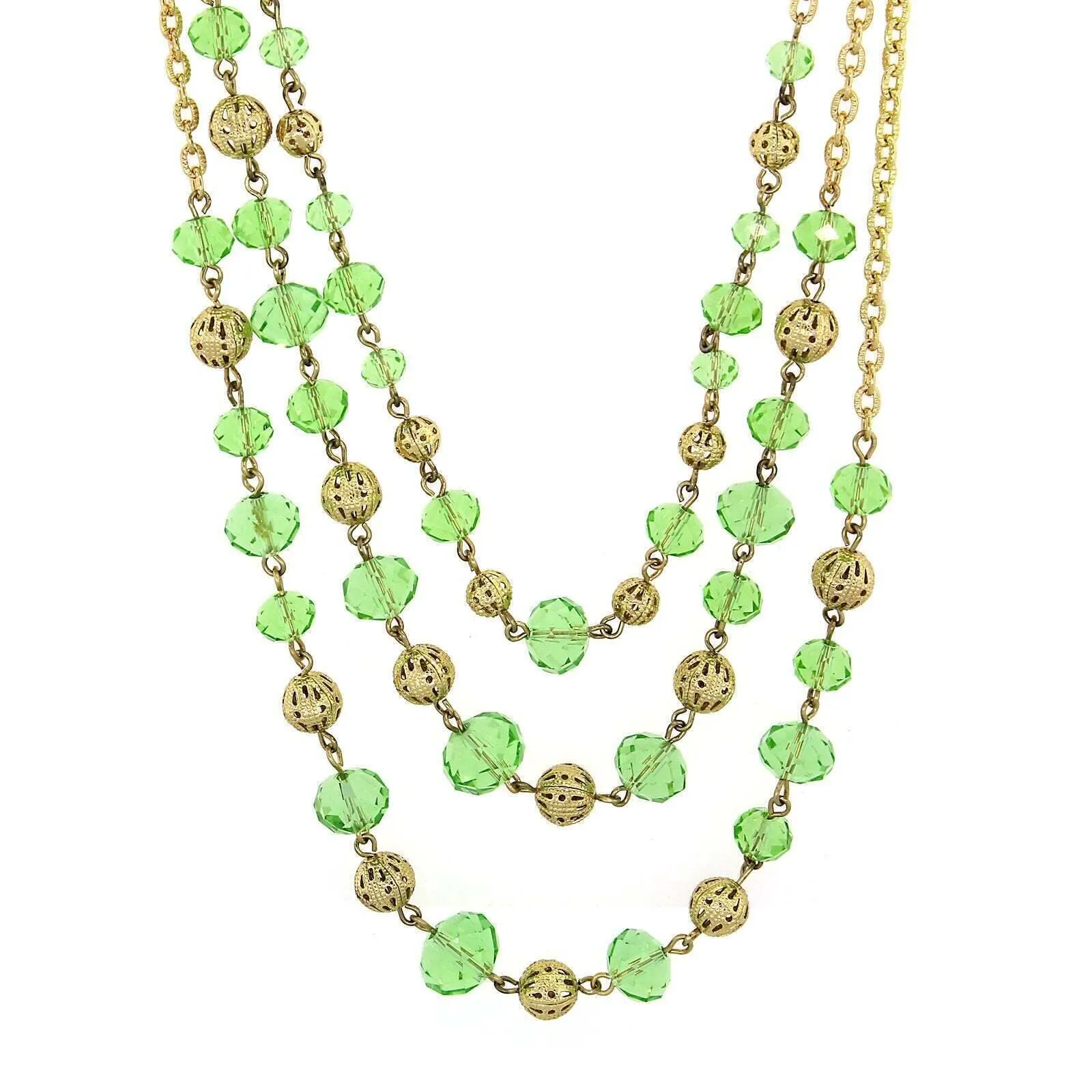 2028 Jewelry Luxe Glass Crystal Puffed Round Filigree Bead 3-Strand Necklace 16"   3" Extender