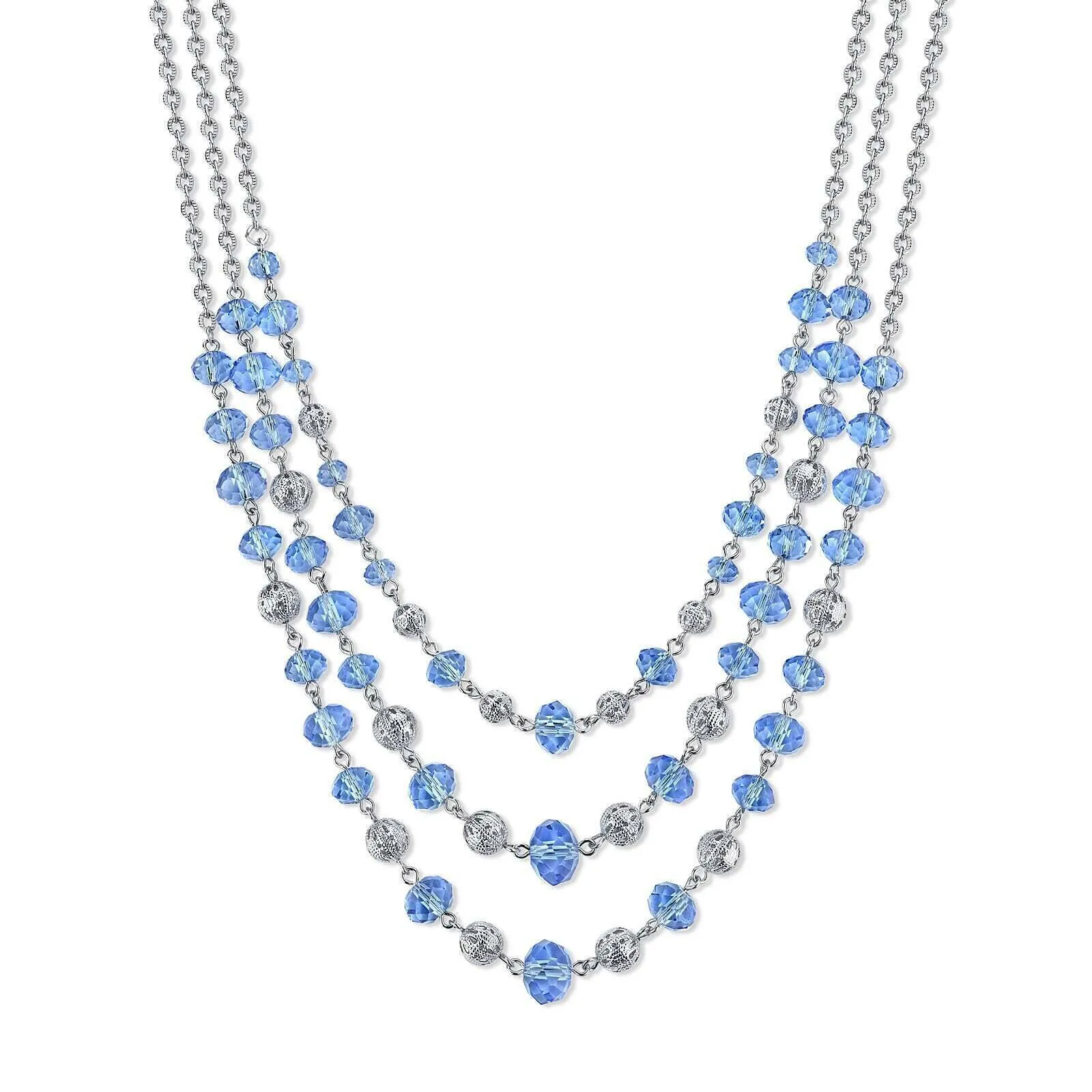 2028 Jewelry Luxe Glass Crystal Puffed Round Filigree Bead 3-Strand Necklace 16"   3" Extender
