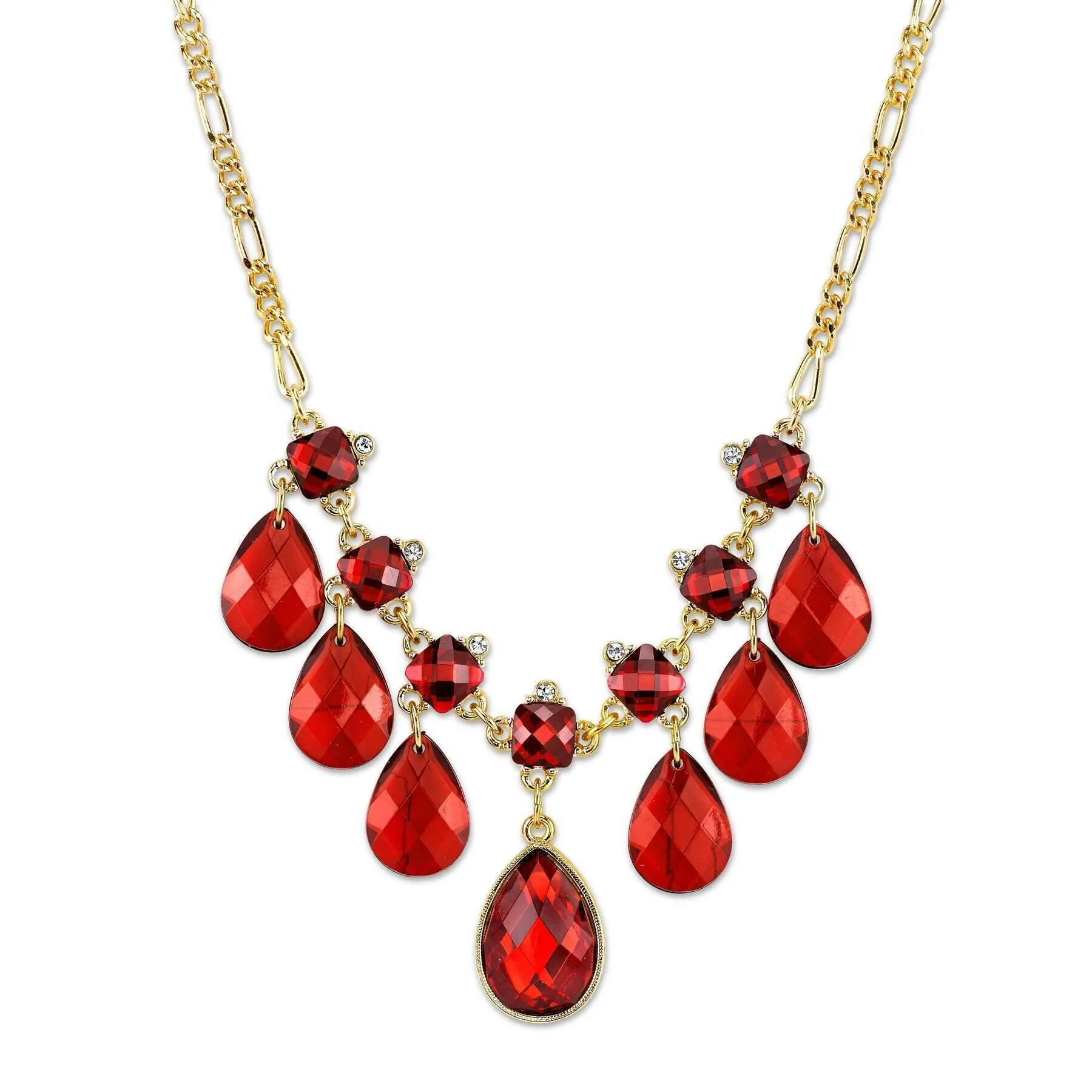 2028 Jewelry Square And Teardrop Red Crystal Bib Drop Necklace 16"   3" Extender