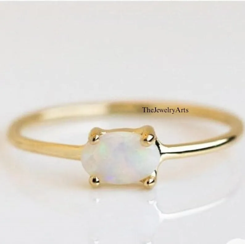 24K Gold Opal Engagement Ring, Oval Cut Gemstone Ring, Minimalist Ring For Women, October Birthstone Jewelry, Gift for her