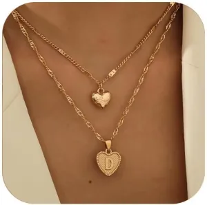 2Pcs Gold Lnitial Necklaces For Women Heart Necklace Layered Gold Necklaces For Women Minimalist 14k Gold Plated Water Wave Chain Personalized Gift