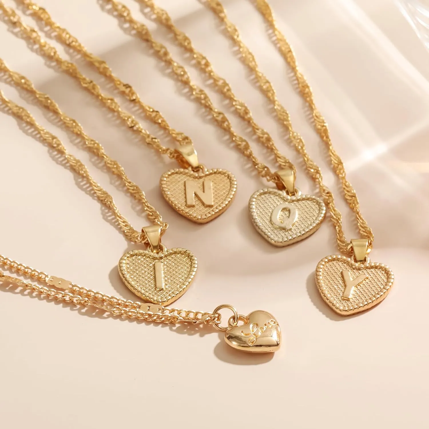 2Pcs Gold Lnitial Necklaces For Women Heart Necklace Layered Gold Necklaces For Women Minimalist 14k Gold Plated Water Wave Chain Personalized Gift
