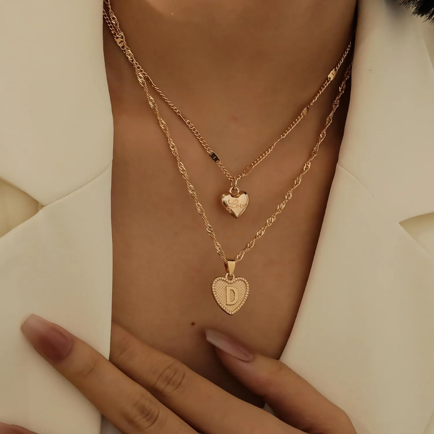2Pcs Gold Lnitial Necklaces For Women Heart Necklace Layered Gold Necklaces For Women Minimalist 14k Gold Plated Water Wave Chain Personalized Gift