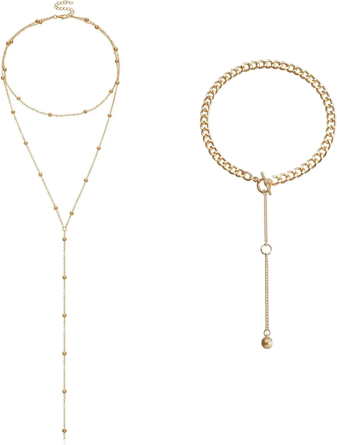 2Pcs Gold Necklace Set Y-Shaped Chain Necklace & Pendant Chunky Necklace Set Adjustable Double Layered Jewelry