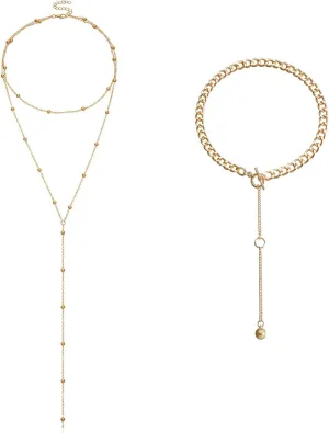 2Pcs Gold Necklace Set Y-Shaped Chain Necklace & Pendant Chunky Necklace Set Adjustable Double Layered Jewelry