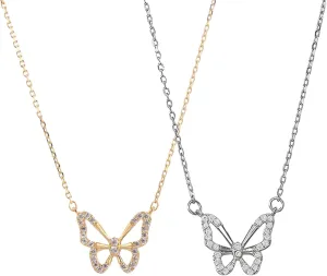 2Pcs Set CZ Butterfly Pendantes Gold And Silver Plated Necklaces For Women Trendy Dainty Non Tarnish 14k Gold 925 Silver Prom Necklace Set Gold Silver Chain Choker Butterflies Charm Necklace For Woman