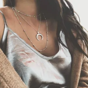 3 Layer Chain Necklace Crescent Moon