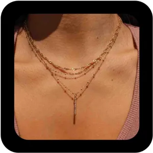 3 Pack Boho Vertical Bar Pendant Necklace Layered Crystal Bar Necklace Choker Gold Bar Geometric Necklace Vintage Layered Necklace Chain Jewelry for Women