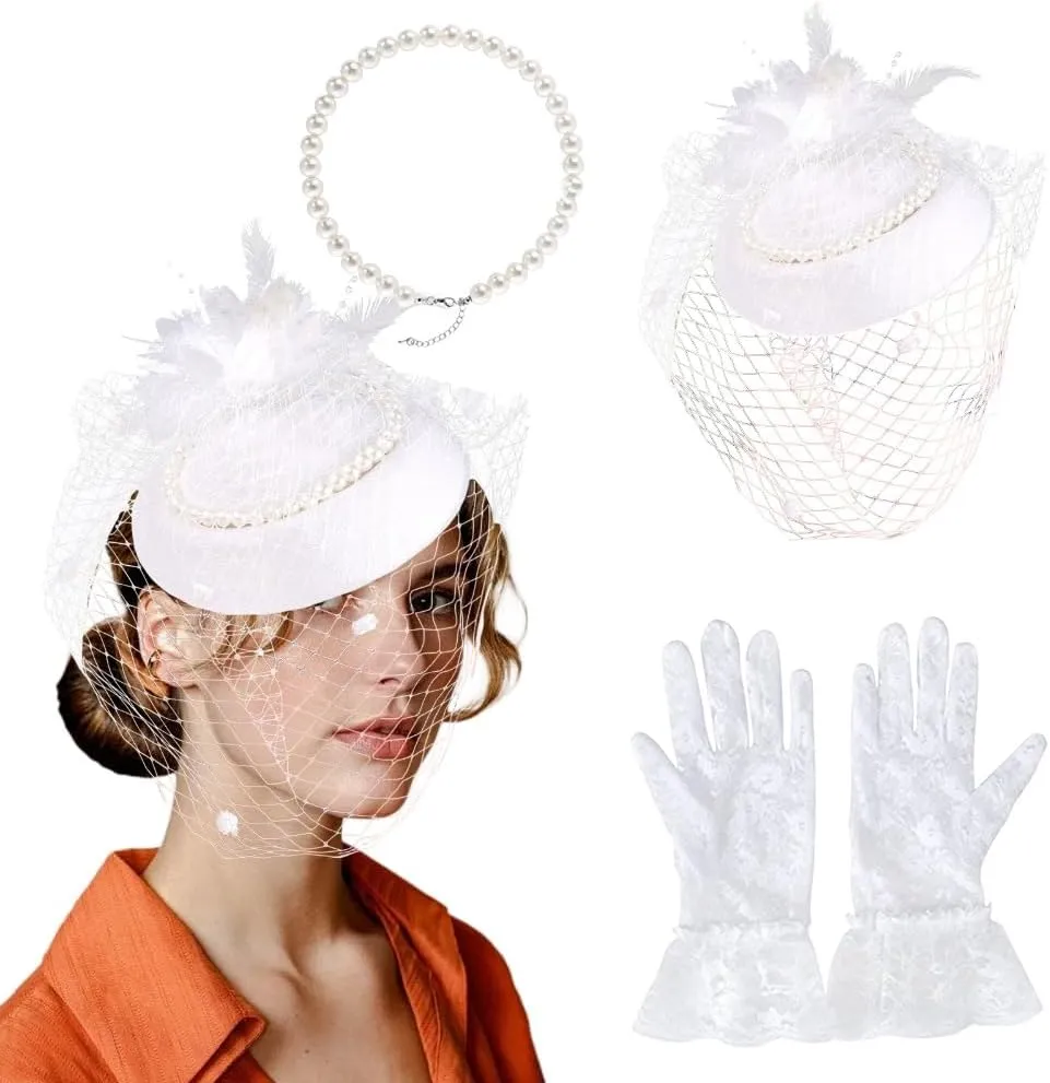 3 Pieces Derby Hat Kit for Women Tea Party Hat and Gloves Set Tea Party Derby Hat with Veil Feather Funeral Headpiece Lace Gloves Pearl Necklace (White)