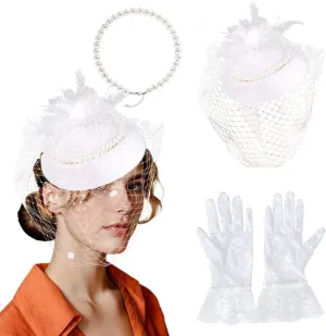 3 Pieces Derby Hat Kit for Women Tea Party Hat and Gloves Set Tea Party Derby Hat with Veil Feather Funeral Headpiece Lace Gloves Pearl Necklace (White)