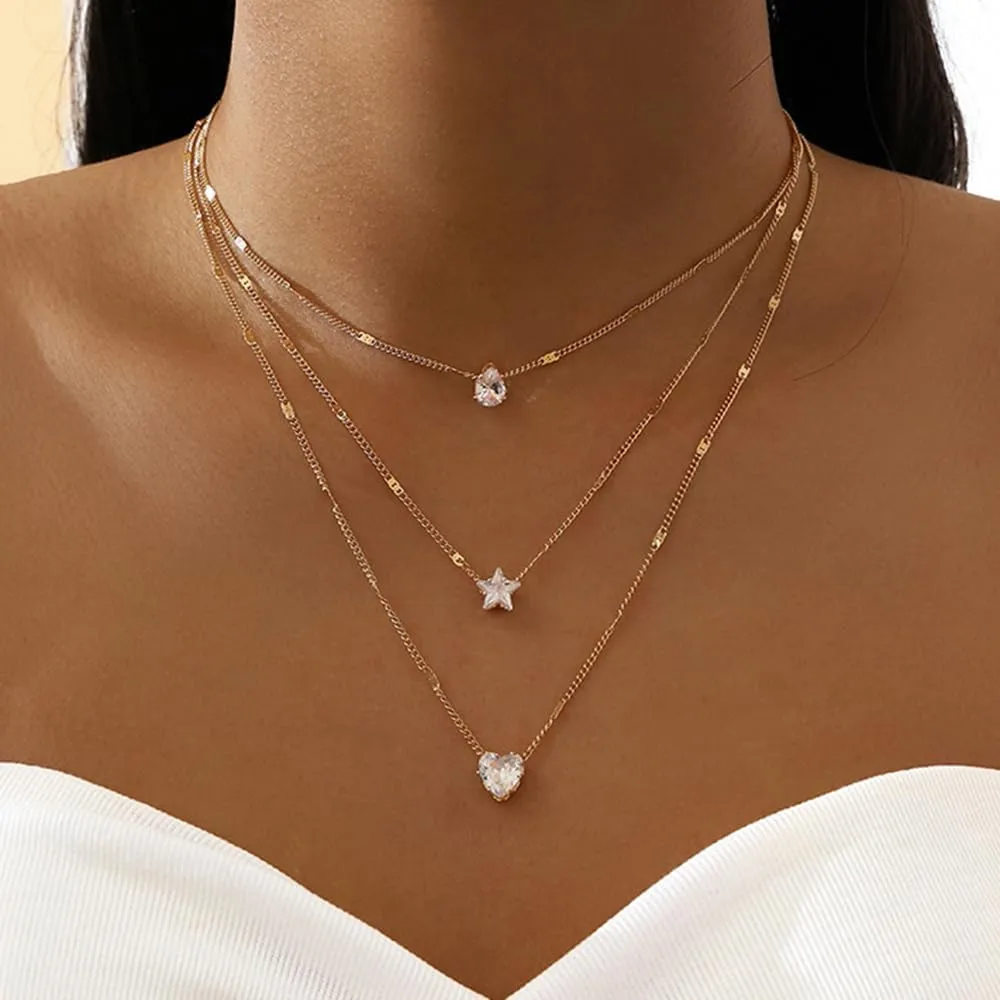 3 Tier Women Boho Layered Silver Necklaces Gold Silver Dainty Rhinestones Star Layered Choker Necklaces Fashion Love Pendant Multilayer Adjustable Layering Chain Necklaces for Women