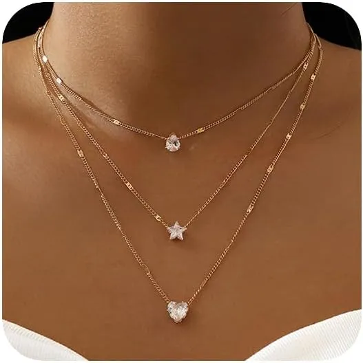 3 Tier Women Boho Layered Silver Necklaces Gold Silver Dainty Rhinestones Star Layered Choker Necklaces Fashion Love Pendant Multilayer Adjustable Layering Chain Necklaces for Women