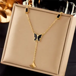 316L Stainless Steel Black Zircon Butterfly Long Pendant Necklace For Women