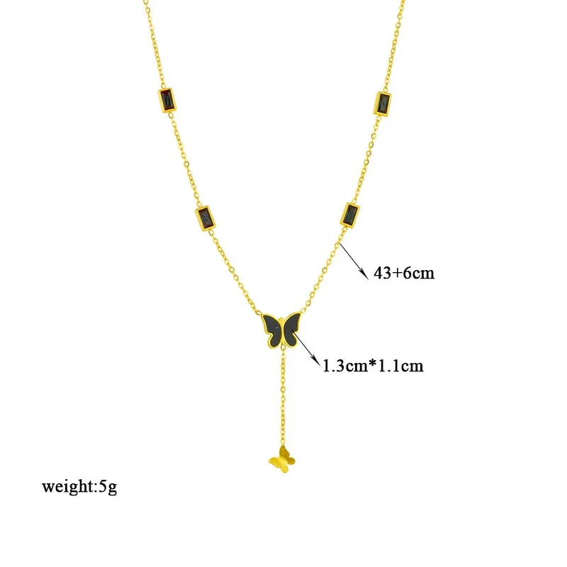 316L Stainless Steel Black Zircon Butterfly Long Pendant Necklace For Women