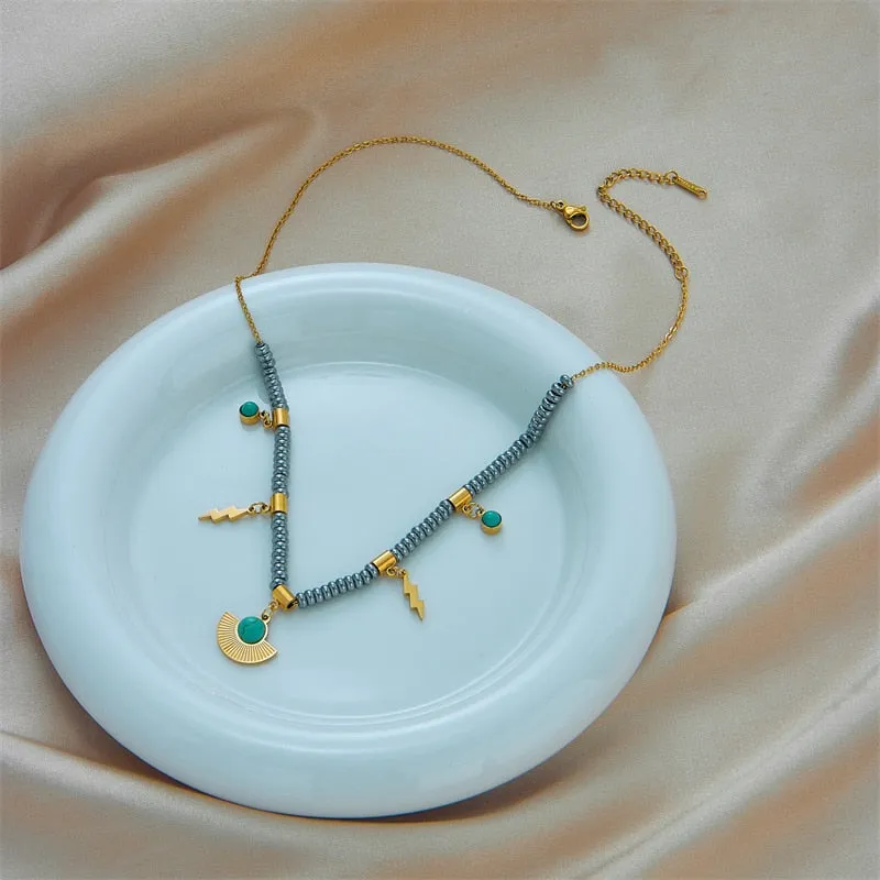 316L Stainless Steel Boho Green Stone Necklace For Women