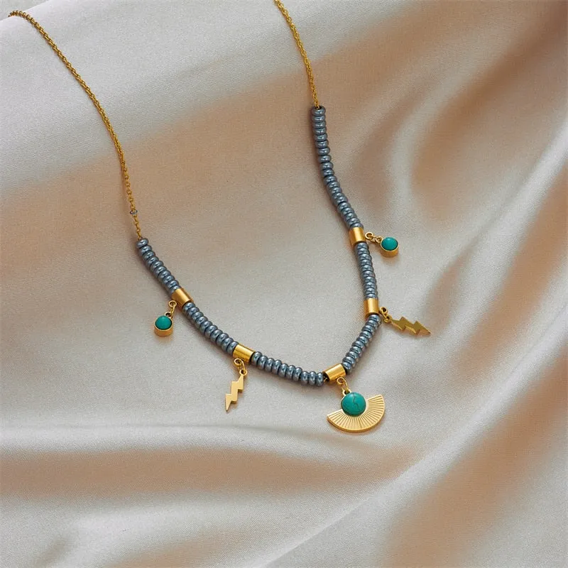 316L Stainless Steel Boho Green Stone Necklace For Women