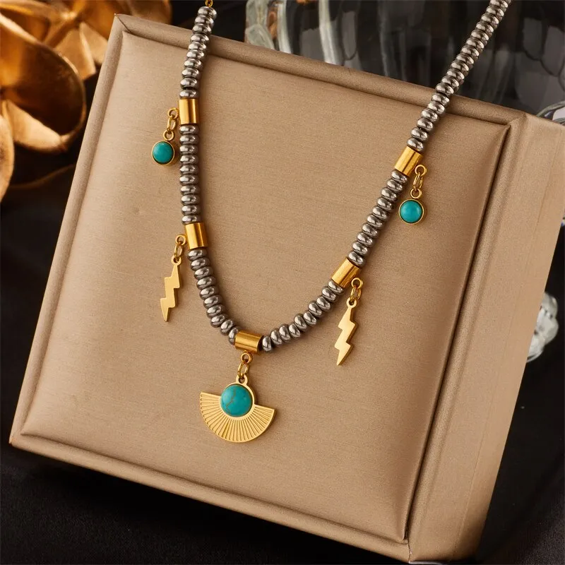 316L Stainless Steel Boho Green Stone Necklace For Women