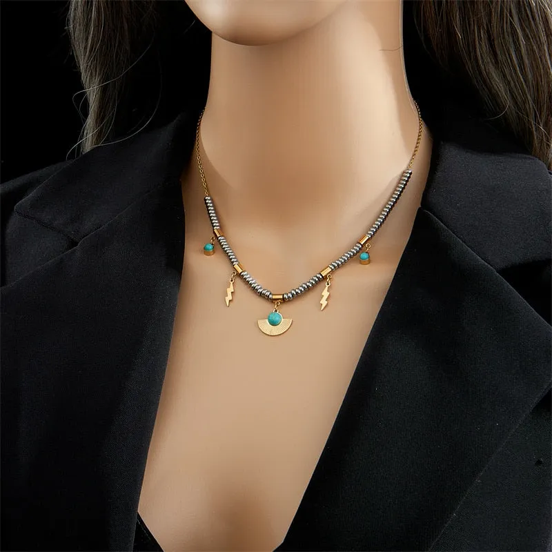 316L Stainless Steel Boho Green Stone Necklace For Women