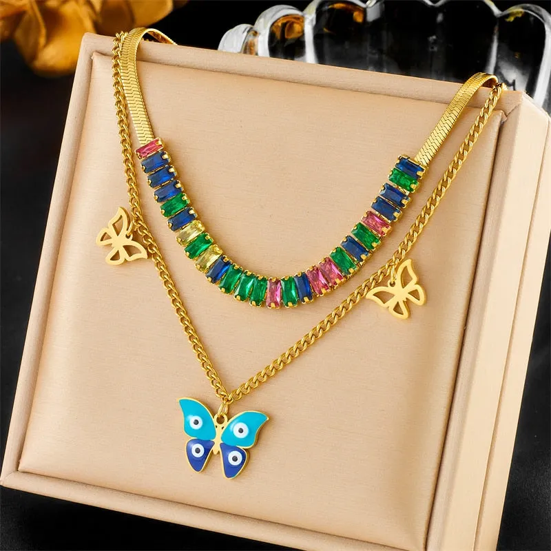 316L Stainless Steel Butterfly Eyes Pendant Necklace For Women