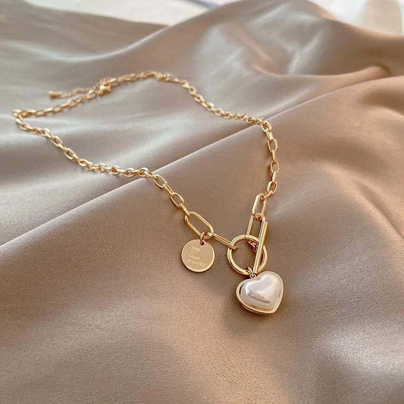 316L Stainless Steel Elegant Love Heart Baroque Pearl Necklace