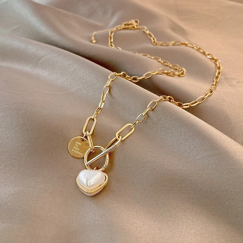 316L Stainless Steel Elegant Love Heart Baroque Pearl Necklace