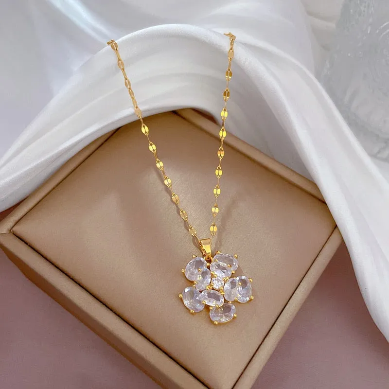 316L Stainless Steel Exaggerated Oval Zircon Flower Pendant Necklace For Women