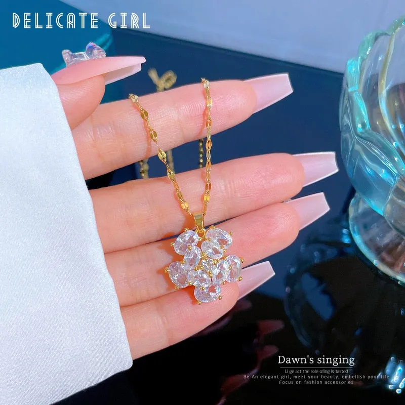 316L Stainless Steel Exaggerated Oval Zircon Flower Pendant Necklace For Women
