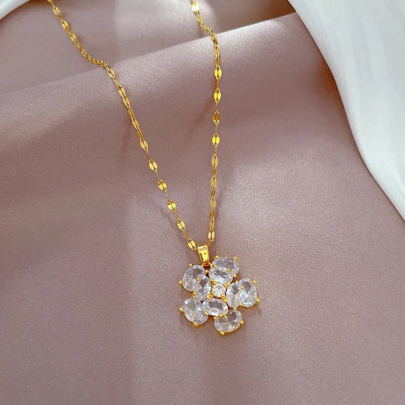 316L Stainless Steel Exaggerated Oval Zircon Flower Pendant Necklace For Women