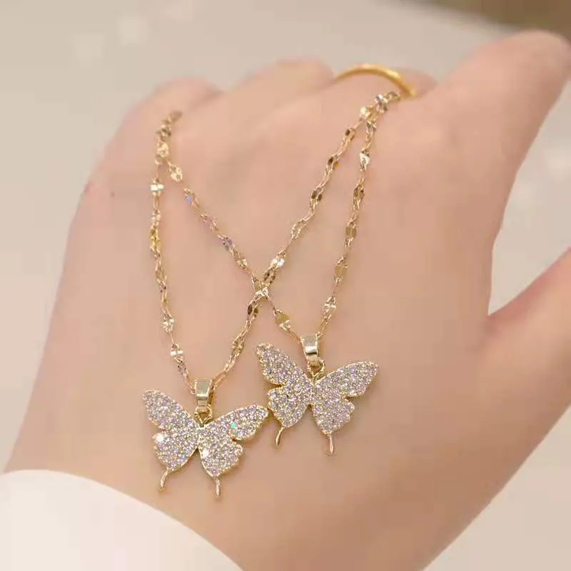 316L Stainless Steel Glittering Butterfly Rhinestone Wedding Gold Color Necklace Beautiful Neck Chain For Women