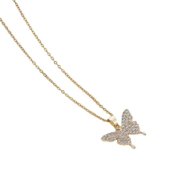 316L Stainless Steel Glittering Butterfly Rhinestone Wedding Gold Color Necklace Beautiful Neck Chain For Women