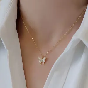 316L Stainless Steel Glittering Butterfly Rhinestone Wedding Gold Color Necklace Beautiful Neck Chain For Women