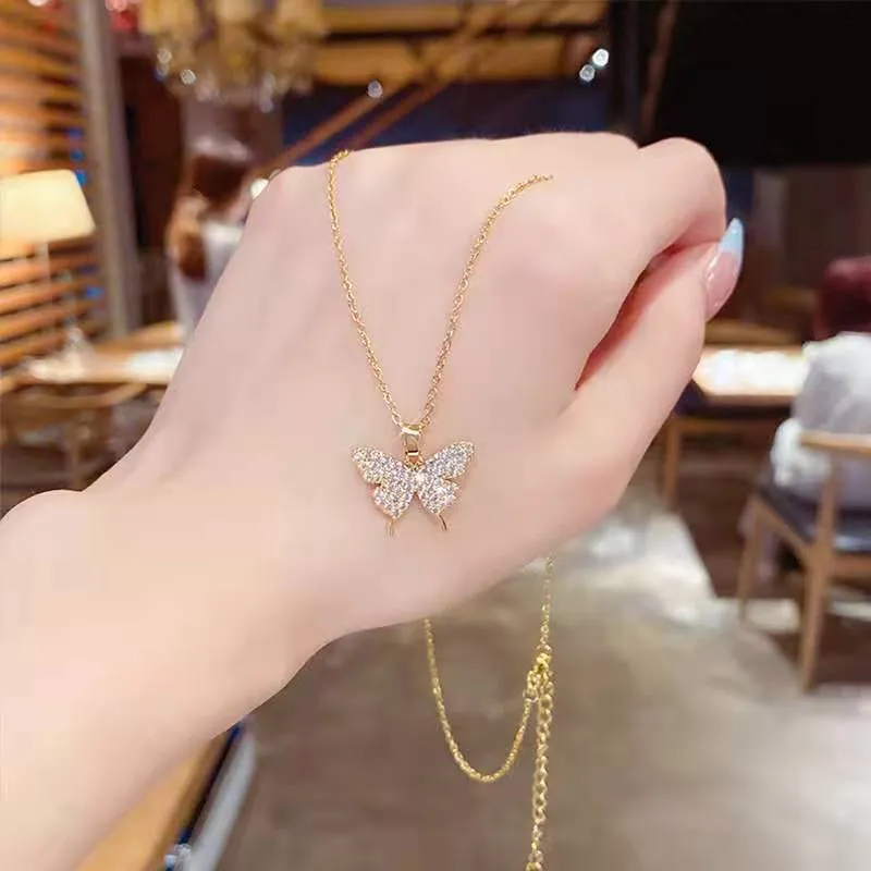 316L Stainless Steel Glittering Butterfly Rhinestone Wedding Gold Color Necklace Beautiful Neck Chain For Women