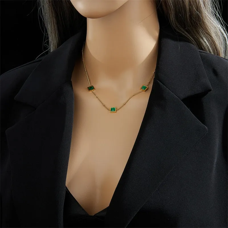 316L Stainless Steel Green Crystal Necklace For Women